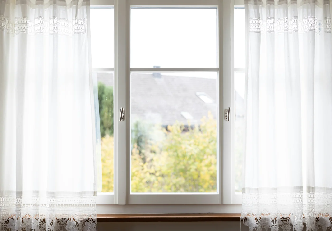 Bright interior window with lace curtains and a garden view
